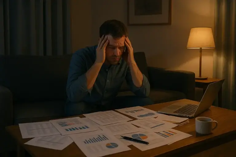Exhausted man facing disorganized business finances — the kind of stress Snell Bookkeeping helps reduce.