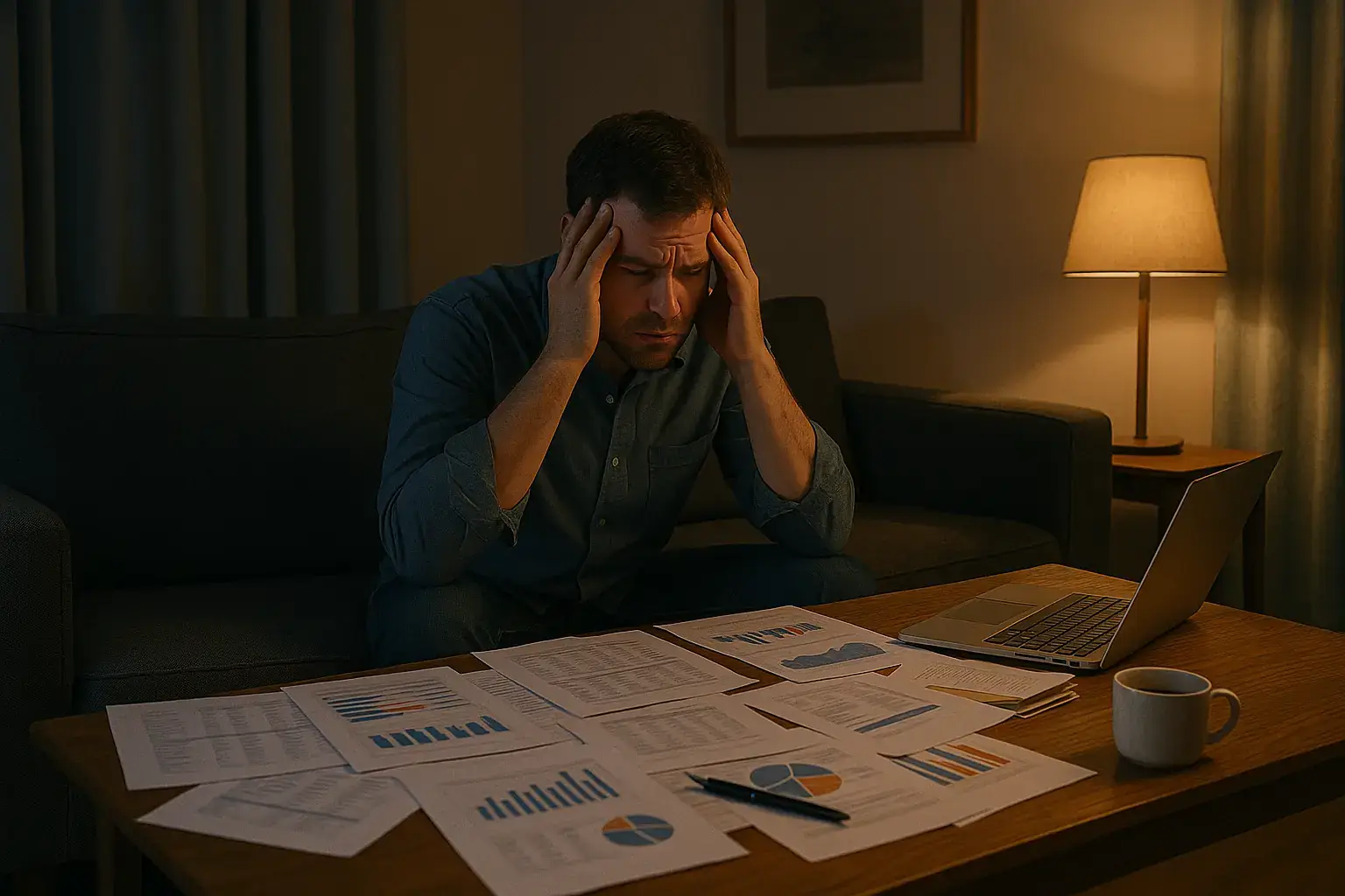 Exhausted man facing disorganized business finances — the kind of stress Snell Bookkeeping helps reduce.