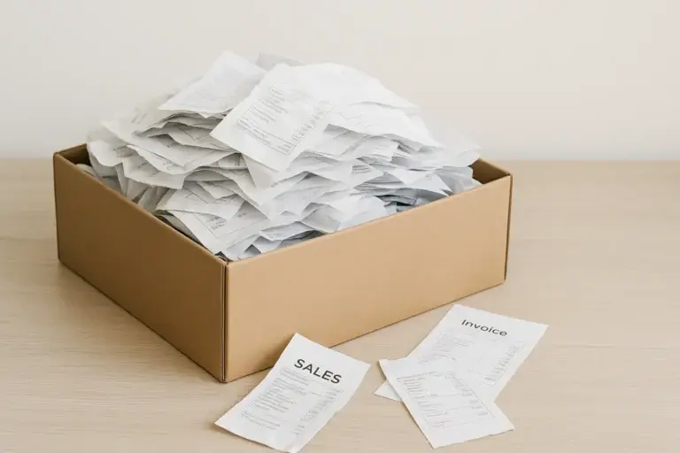 A shoe box full of receipts. very messy bookkeeping.