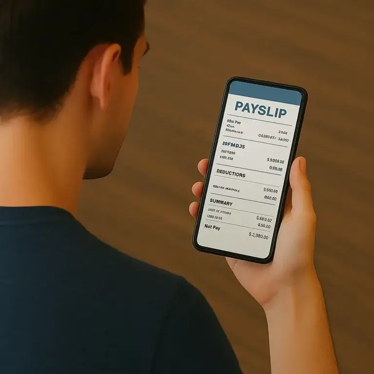 A happy employee looking on his phone at his payslip.